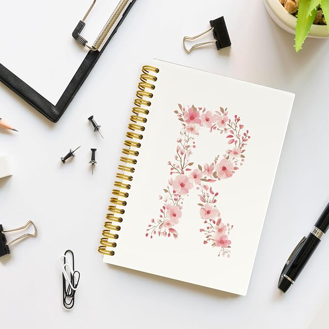 Pink Cute Spiral Notebook Journal, Preppy Floral Initial Letter R Personalized Journaling Notebooks, Monogrammed Gifts for Women Girls, Botanical Hardcover Spiral Lined Notebook 5.5 x 8.3
