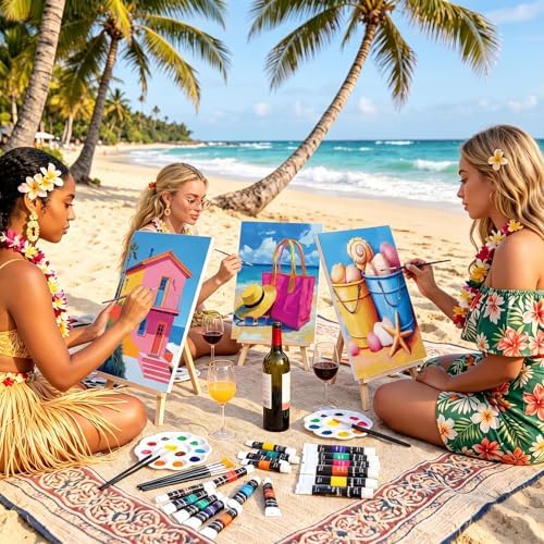 Ctosree 72 Pcs Hawaii Paint and Sip Kit for Adults 8'' x 10'' Pre Drawn Canvas for Painting DIY Pre Printed Canvas for Party Favor Acrylic Painting Kit Wood Easel Brushes Date Night Bulk - Image 3