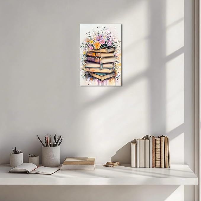 AWPANERAR Books Canvas Wall Art Moody Floral Picture Prints Flower and Books Painting Aesthetic Poster Watercolor Moody Artwork Library Study Decor Framed (18L x 12W)