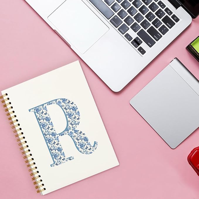Blue Cute Initial Notebook Journal Diary Libretas Escolares R, Preppy Cute Aesthetic Personalized Notebook Gifts for Women Teen Girls Kids,Preppy Blue Aesthetic School Supplies for Girls 5.5x8.3