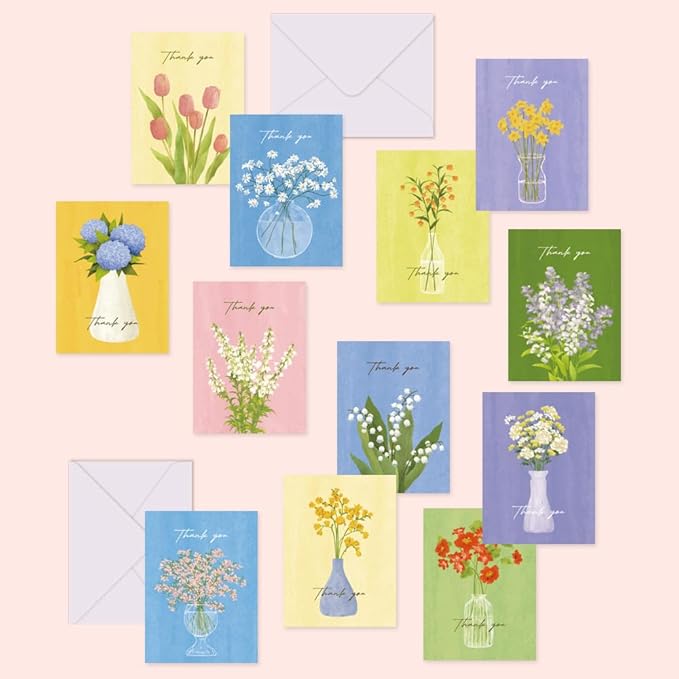 Monolike Day-by-day Card, Thank you - Olivia's Flowers Series.1 - Mix 36 Mini Single cards, 36 envelopes, 36 stickers Package