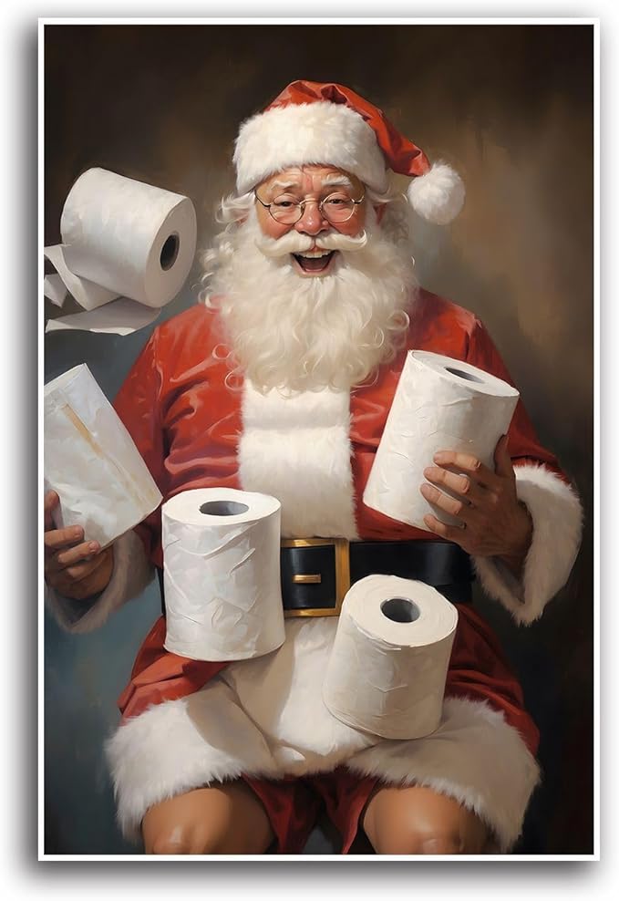 Canvas Santa Bathroom Wall Art Toilet Humor Decor Vintage Christmas Holiday Wall Art Restroom Amusing Gift Santa Toilet Rolls Funny Poster 28x40in-UnFramed