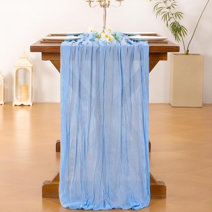 Socomi 3pcs Blue Valentine's Day Cheesecloth Table Runner Boho Rustic Gauze 120 inch 10FT Cheese Cloth Runner for Wedding Party Baby Shower Birthday Home Decor Holiday Decorations