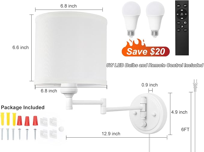 Plug in Wall Sconces with Remote Control, Dimming, Adjustable Colors 2700K-6500K, Hardwire or Plug-in, Swing Arm Wall Lamp, Wall Sconces Set of Two, White Fabric Shade, White Finish