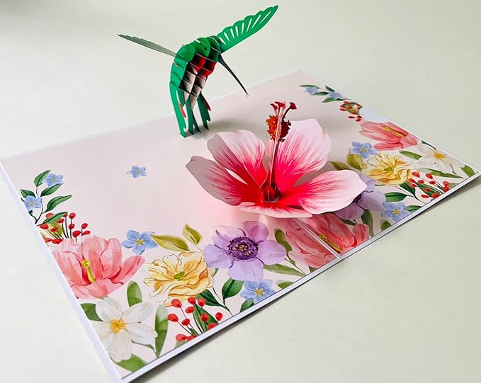 ETA 3D Pop Up Greeting Card – Hummingbird with Pink Hibiscus Flower, Handmade Nature & Floral Card, Birthday, Mother’s Day, Thank You & Garden Lover Gift with Envelope F35