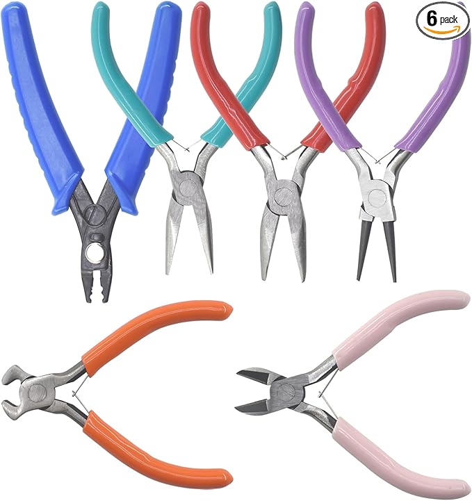 6Pcs Jewelry Pliers Making Tools Kit for Necklace, Bracelet, Earrings or Repairing, Include Wire Cutters, Nose, Crimping, Bent Nose Pliers, End Nippers for Beading Craft