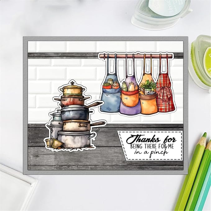 Kitchen Utensils Pots Stamps and Cutting Dies for Card Making DIY Transparent Silicone Clear Stamp and Metal Die Cuts Sets for Scrapbooking Paper Greeting Cards Decor Seals Craft Supplies