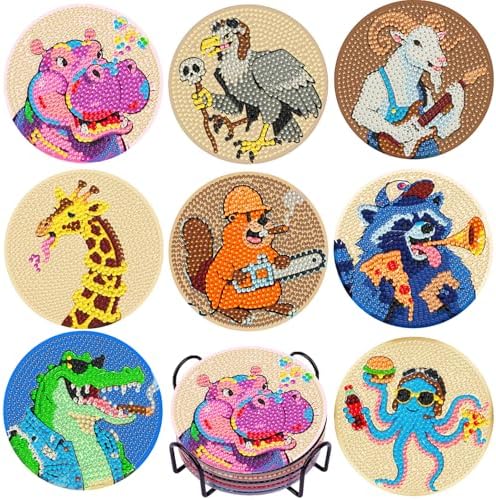 DOTSOPS 8 Pcs Animal Diamond Painting Coasters for Beginners with Holder by DOTSOPS