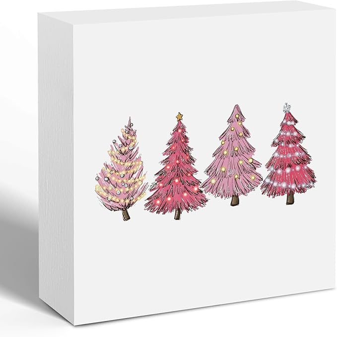 Preppy Pink Christmas Tree Wooden Box Sign, Pink Christmas Decorations, Glitter Xmas Tree Holiday Wood Signs for Home Office Desk Shelf Tabletop Decor, 5x5 Inch Decorative Signage