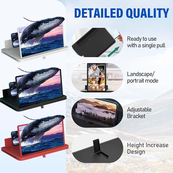 Mobile Phone Magnifier Screen, 3D HD Magnifying Projector Screen Enlarger for Movies Videos and Gaming, Foldable Phone Stand with Screen Amplifier, Compatible with All Smartphones (Red A, 10inch)
