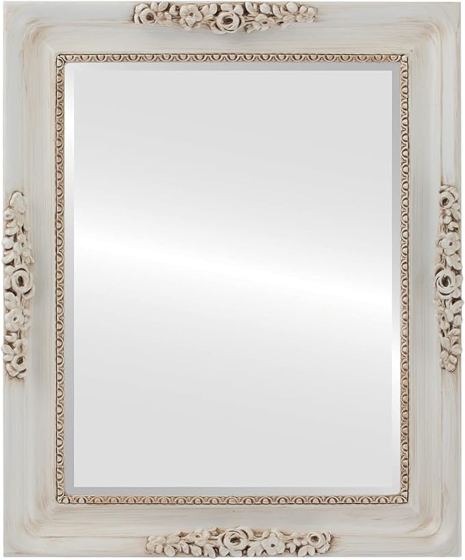 OVALCREST Rectangle Beveled Wall Mirror for Home Decor - Versailles Style - Antique White - 24x28 Outside Dimensions