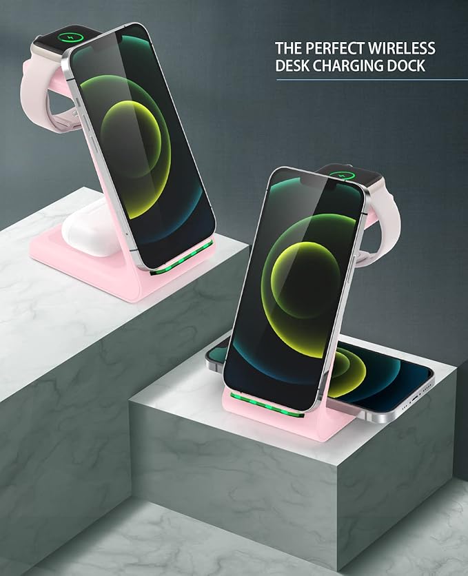 3 in 1 Wireless Charging Station, 2025 Upgraded Fast Desk Charger Station for iPhone 17 16 15 14 13 12 Pro Max Plus, Charger Stand for Apple Watch 10 9 8 7 6 5 4 3 2 SE, Airpods 4 3 2 Pro(Pink)