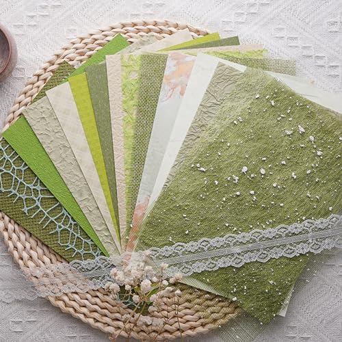 15Pcs Handmade Scrapbook Art Paper Craft Textured Paper Colorful A5 sheet Mesh Special Mix for Scrapbooking Junk Journal Journaling Supplies DIY Materials,5.8x8.2 inches (Green) by LewuwoPoing