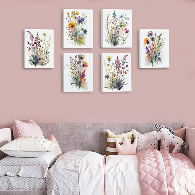 Framed Colorful Wildflower Art,Botanical Plant Leaves Canvas Wall art,Watercolor Minimalist Wildflowers Art Print,Watercolor Blooming Floral Flower Artwork for Garden Farmhouse Decor Set of 6(8"x10")