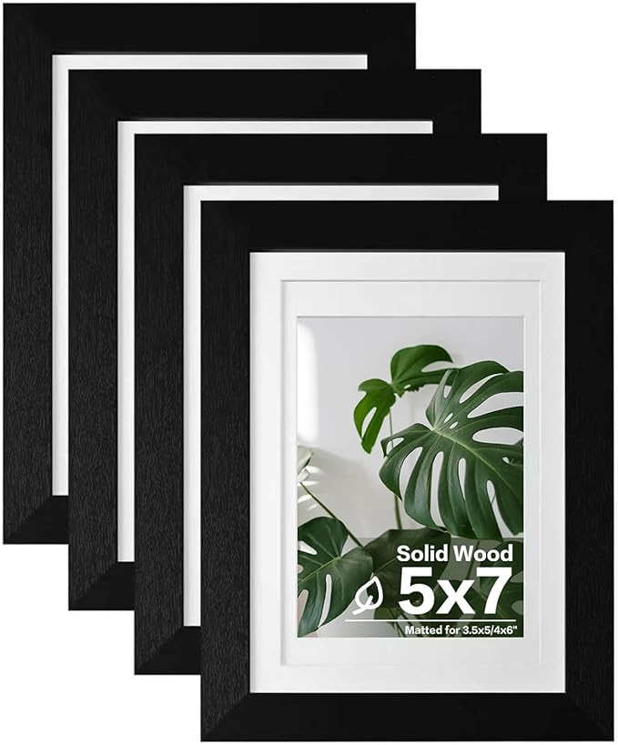 Egofine 5x7 Picture Frame 4PCS Made of Solid Wood, Display Picture 3.5x5/4x6 with Mat or 5x7 Covered by Plexiglass for Table Top Display and Wall Mounting Photo Frame, Black with Texture