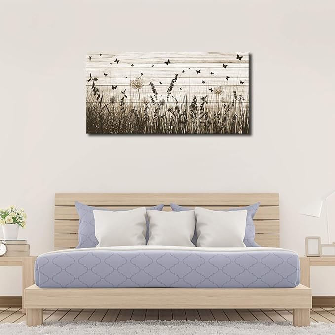 Wildflower Wall Art Autumn Canvas Picture Butterfly Grass Dandelion Artwork Vintage Wooden Board Painting Prints for Bedroom Living Room Office Home Kitchen Wall Decor Framed Ready to Hang 24" x 48"