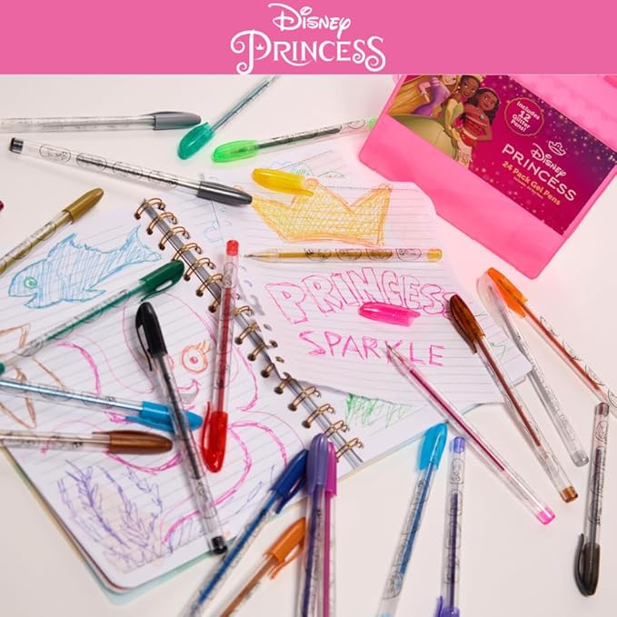 Disney Princess Gel Pens Set for Kids, 24 Pack with Glitter Gel Pens, Cute Pens for Girls – Cinderella, Rapunzel, Ariel, and Tiana