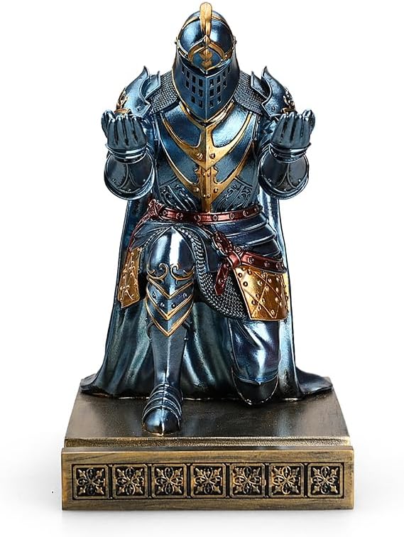 King's Guard Leader Cloak Warrior Knight Pen Holder Mobile Phone Stand, Ornament Knight Statue, Pen Stand Paperweight for Office and Home (Blue)