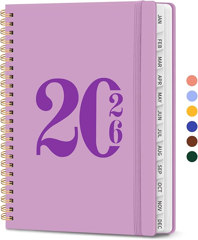2026 Planner, Monthly and Weekly Calendar Planner for Women, Jan 2026 - Dec 2026, Hardcover Pretty 2026 Agenda Planner Book with Tabs, Spiral Bound, Perfect for School Office Home Supplies, 6.3" x 8.5" - Boho Purple