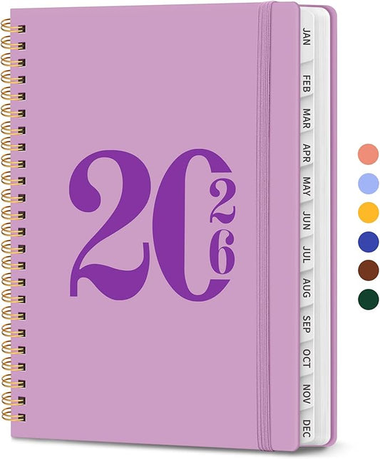2026 Planner, Monthly and Weekly Calendar Planner for Women, Jan 2026 - Dec 2026, Hardcover Pretty 2026 Agenda Planner Book with Tabs, Spiral Bound, Perfect for School Office Home Supplies, 6.3" x 8.5" - Boho Purple