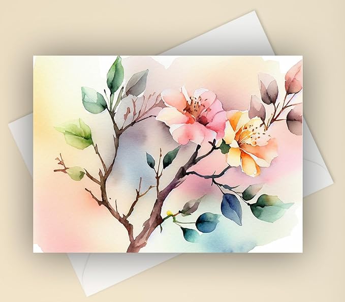Vintage Watercolor Flowers Greeting Cards - Set of 10 All Occasion 5 x 7 Note Cards with Envelopes. Blank Inside. Botanical Floral Designs of Flowers, Leaves and Branches Inspired by Nature.
