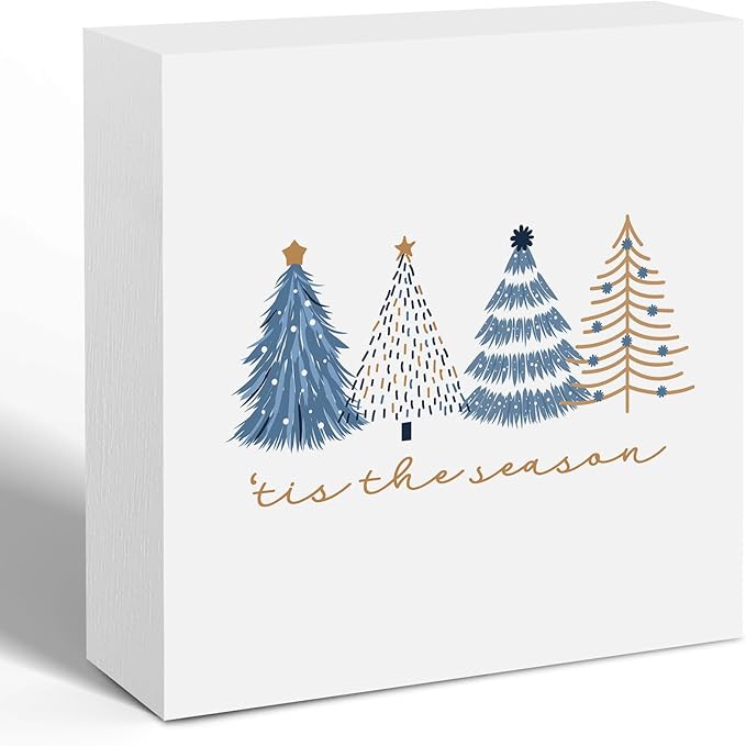Minimalist Navy Blue and Gold Christmas Tree Wooden Box Sign, Preppy Christmas Desk Decor, Tis the Season Xmas Winter Holiday Wood Signs for Home Office Desk Shelf Tabletop Decor, 5x5 Inch Decorative Signage