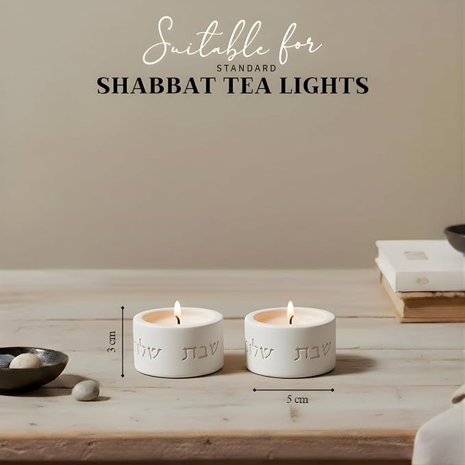 SURI Shabbat Candle Holders Set – Modern Judaica Shabbat Candlesticks for Tea Lights – Concrete Shabbos Candles Holders, Dripless Design – Jewish Gift & Home Decor
