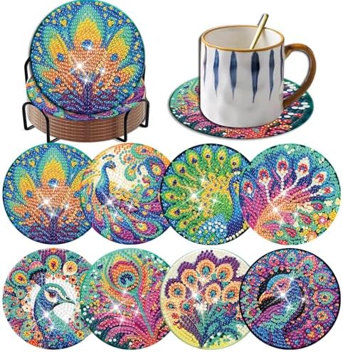 Demonwer 8 Pcs Diamond Art Painting Coasters Kits Cute Peacocks Diamond Art Coasters with Holder DIY Diamond Animal Coaster for Beginner Adults Home Table Craft Gift Supplies by Demonwer