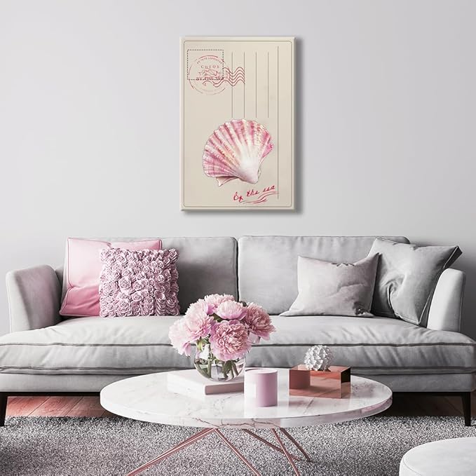 Framed Vintage Watercolor Ocean Beach Coastal Pink Seashell Postcard Preppy Canvas Wall Art Cheos By The Sea Print Painting Poster Aesthetics Pictures Boho Decor for Living Room Bedroom 8x12inch