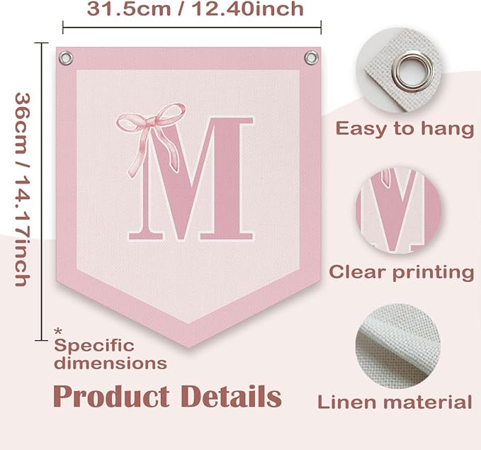 Lacama Initial Personalized Preppy Banner, Baby Shower Decor Girl Nursery Decor, Coquette Pink Bow Teen Girl Gifts, Vintage Room Toddler Room Bedroom Playroom Front Door Birthday Gift(M)