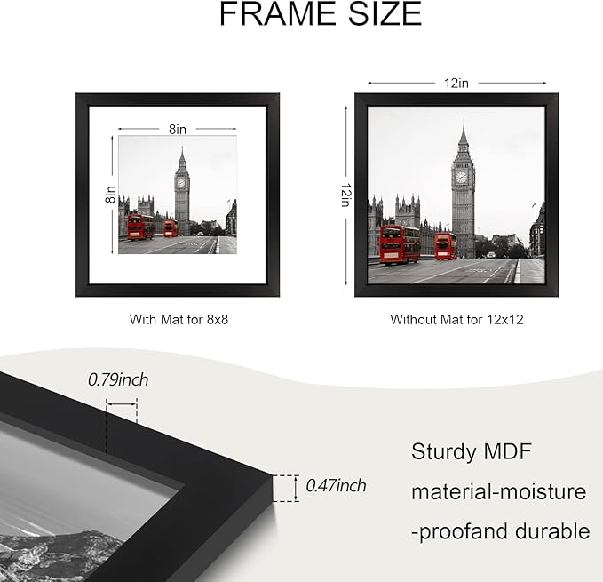 12x12 Picture Frame Set of 9, Photo Gallery Wall Frame Set, Display Pictures 8x8 with Mat or 12 x 12 Without Mat, Square Frame Picture Frames Collage Wall Decor, Black