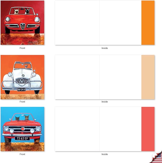The Best Card Company - 10 All Occasion Blank Cat Cards (4 x 5.12 Inch) - Cute Assorted Bulk Card Set - Car Cats MQ4978OCB-B1x10