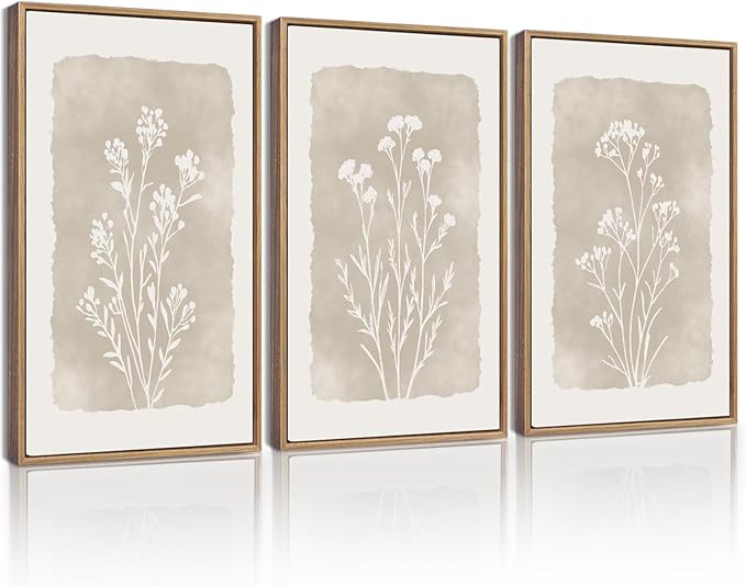 KUVIOKE Boho Botanical Flower Framed Wall Art Farmhouse Vintage Floral Wall Painting Rustic Wildflower Neutral Prints Artwork Home Decor 12x16in (Natural Framed)