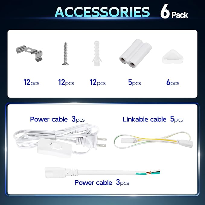hykolity 6 Pack LED Shop Light 4FT, T5 Integrated Single Fixture, 22W, 2200lm, 6500K Super Bright White, Linkable Shop Light, Utility Shop Lights, Corded Electric with Built-in ON/Off Switch