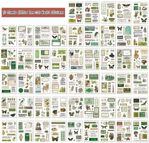 488PCS Vintage Scrapbook Stickers, 50 Sheets Precut Washi Stickers Book for Journaling, Green Ephemera for Junk Journal Supplies, Scrapbooking, Bujo, Collage, Adults Crafts Arts - Image 2