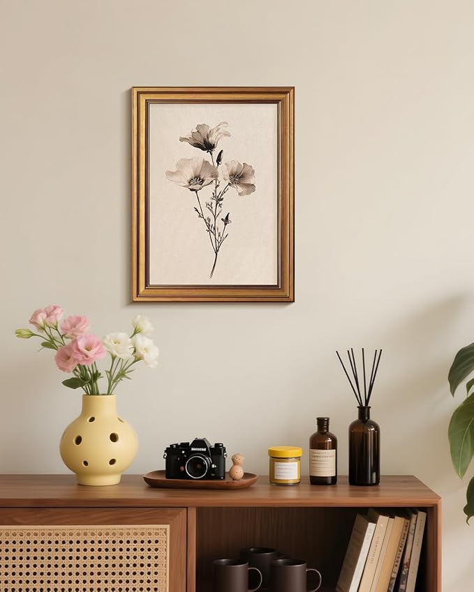 Bzstyleart Vintage Wall Art Decor for Living Room,Poppy Flower Wall Art,Sketch Painting Picture Gold Framed,Vintage Home Decoration,Room Decor Aesthetic for Bedroom Kitchen Bathroom Shelf,12L x 16W