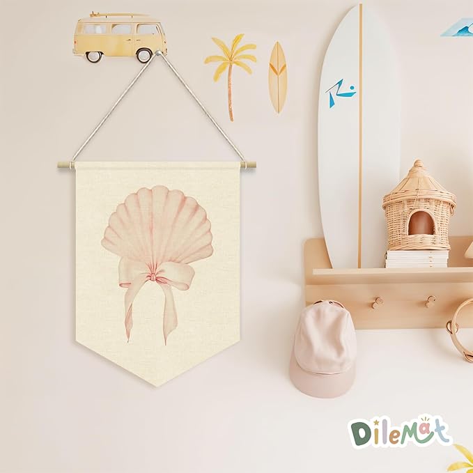 Coastal Wall Decor,Beachy Room Decor,Beachy Room Decor Aesthetic Pink Seashell Coastal Cowgirl Pennant Flag Banner,Coquette Seashell Wall Hanging Linen Banner,Surfer Girl Wall Art