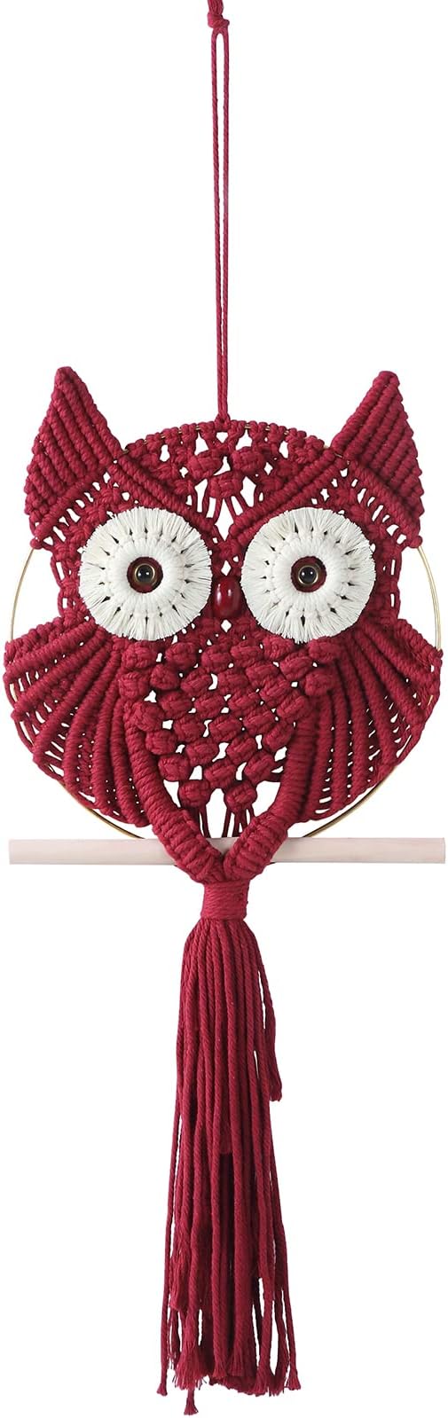 MVSUTA Owl Burgundy Cotton Handmade Macrame Wall Hanging Tapestry Home Decor Art and Red Craft Wonderful Decoration Woven Boho Ornament for Office Bedroom Apartment Living Room Nursery Gallery,1pc