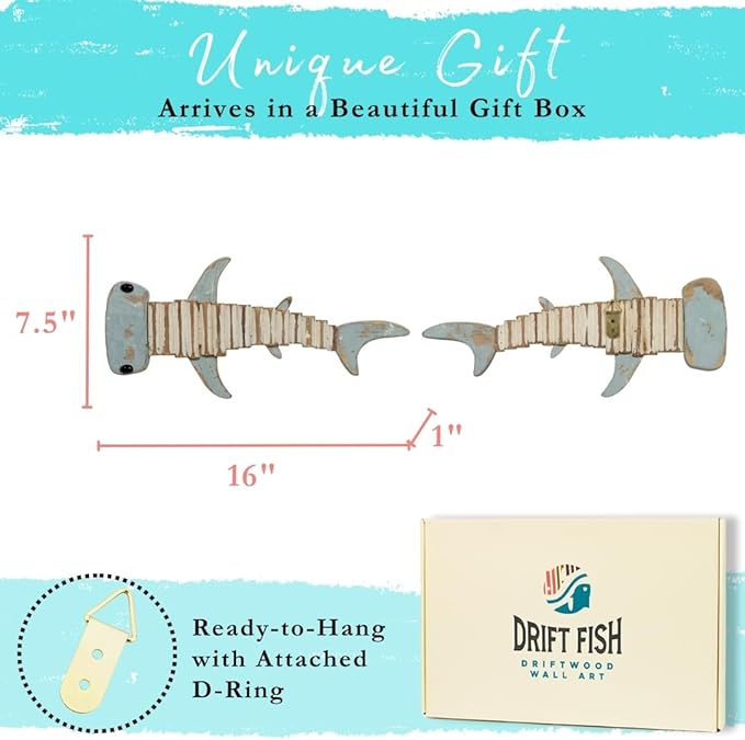 Mint Bucket Brands Driftwood Fish Nautical Wall Decor - 16" x 7.5" Handmade Wooden Rustic Coastal Wall Art for Living Room, Bedroom, Office, Bathroom - Ocean Beach Decoration (Kai)