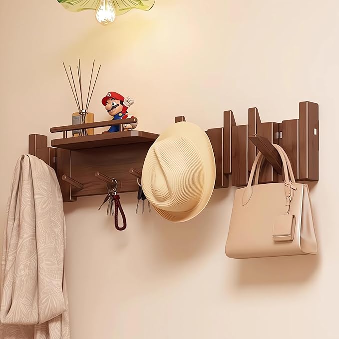 Wall Mounted Coat RackHooks Piano Key Hangers Natural Solid Wood Hanger Non-Woven Fabric Clothes Hangers for Closet, Kitchen, Bedroom, Bathroom, Entryway (Innovate-Walnut, 10 Hooks)
