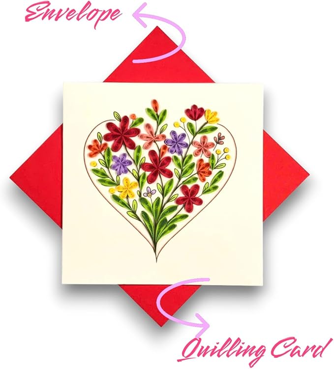 Handmade Quilling Greeting Card Floral Heart Design – Romantic Paper Art for Her, Birthday, Anniversary, Valentine’s Day, Thinking of You, Special Occasion Gift Keepsake