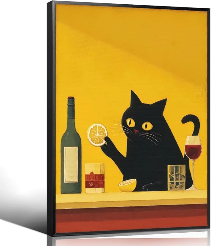Black Cat Bartender Canvas Wall Art, Cute Cat Portrait Cocktail Poster, Trendy Bar Cart Wall Decor, Whimsical Animal and Alcohol Oil Painting, Home Bar Man Cave Art Print 16x24in Framed
