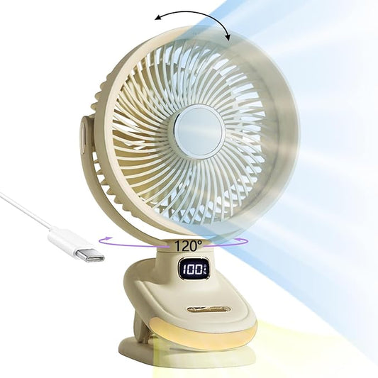 USB Rechargeable Small Desk Fan Quiet, Clip on Fan for Bed,Rotating Oscillating Table Fan for Bedroom,5 Speed Mini Table Fan for Office,Cooling Timer Fans with Lights, Outdoor Camping Fan
