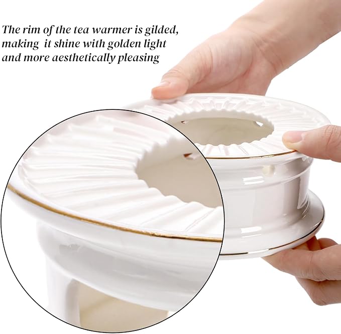 Ceramic Teapot Warmer, Gold Rim Teapot Heater with Tealight Holder, White Porcelain Tea Kettle Holder Warming Base for Heating Coffee, Milk, Water, Soup