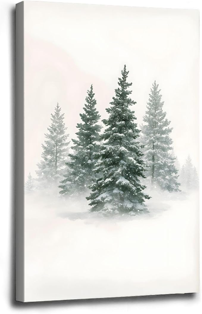 Framed Canvas Wall Art Snowy Evergreen Trees Print Winter Forest Wall Art Christmas Watercolour Painting Winter landscape Snowy Pine tree poster 8x12in Wood Framed