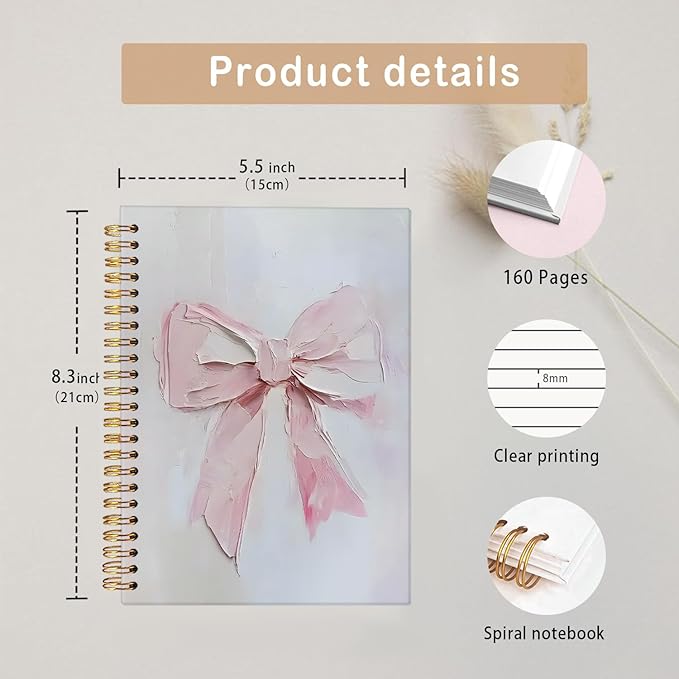 MOFUYU Journal for Women,Coquette Pink Bow Spiral Journal Notebook,Cute Notebooks for Women,Pink School Supplies Hardcover Spiral Notebook 5.5x8.3 Inch