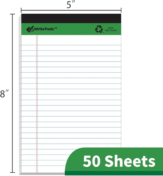 KAISA White Legal Pads Writing Pads Recycled Paper 5"x8" Narrow Ruled Lined Paper Small Legal pad Perforated 50 sheets Hard Back Notepads Writing Tablet For Office Supplies Study (White 12pads)