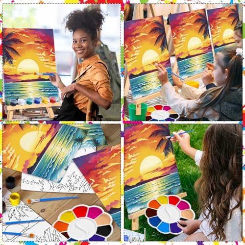 Motipuns 6 Set Pre Drawn Canvas for Painting for Adults Sip and Paint Kit with Easels 8 x 10 Inches Paint Party Kit with Printed Canvas Paints Brushes Palette Apron(Seaside Sunset) - Image 6