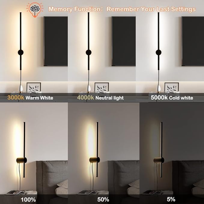 RC Dimmable Modern Plug in Wall Sconce Set of Two LED Black Wall Lights with Plug Dimmer 23.6 inches Wall Lamp with Memory Function Original Brand Lighting