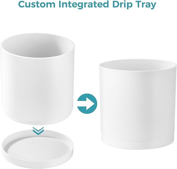 FaithLand 12-Inch Large Modern Cylinder Planter, Thick-Walled Plastic Plant Pot with Drainage Holes and Detachable Saucer, Matte White, Ideal for Indoor & Outdoor Plants Flowers